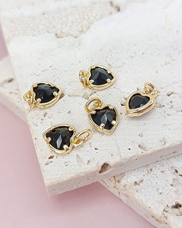 УЦЕНКА Подвеска Сердце с фианитом 6х8 мм черный, позолота 14К (8030-ЗЧЕР-УЦ)