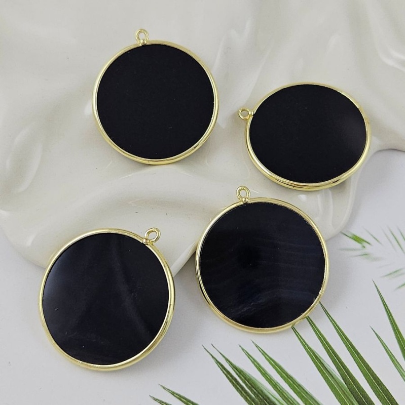 УЦЕНКА Подвеска круглая 33.6х30.3 мм черный агат, позолота 14К (9999-З-УЦ)