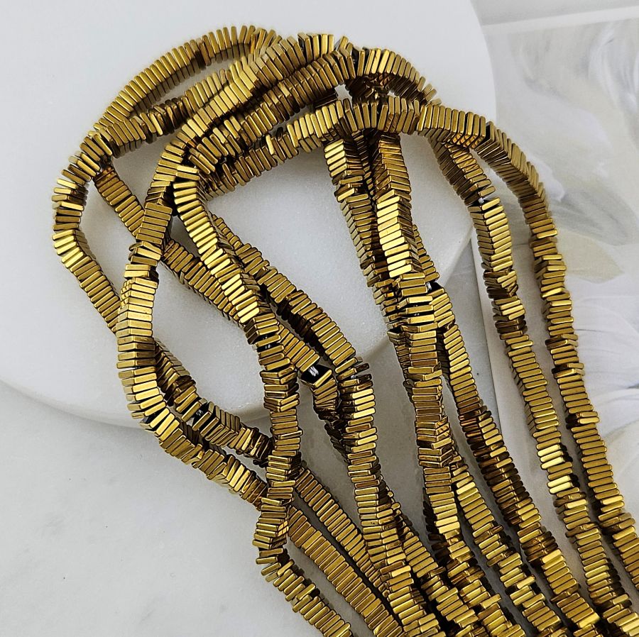 Нить 19 см Гематит, гематин 4х1 мм бусины плоский квадрат, цвет античное золото (7896-4) для бижутерии купить с доставкой по России | Интернет‑магазин Viva Beads
