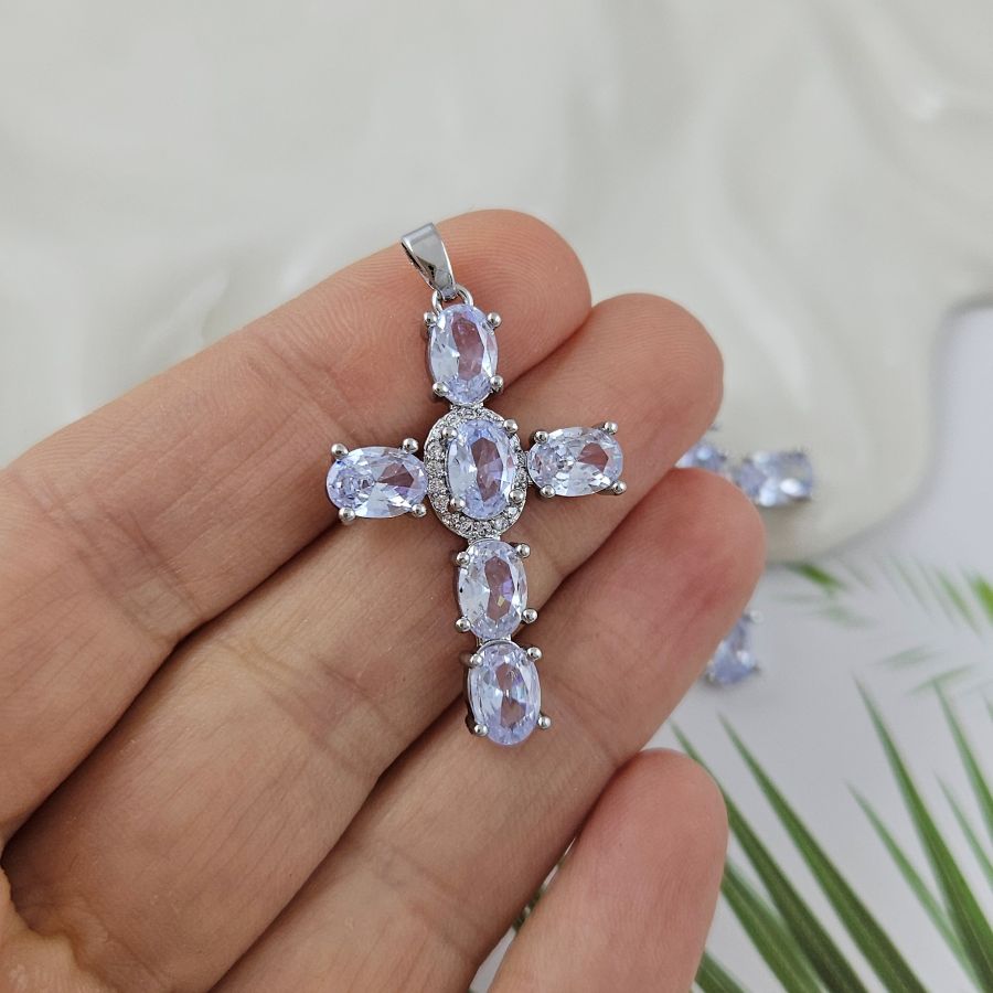 Подвеска Крест 33х22 мм с фианитами родиевое покрытие, голубой (6978-РГ)