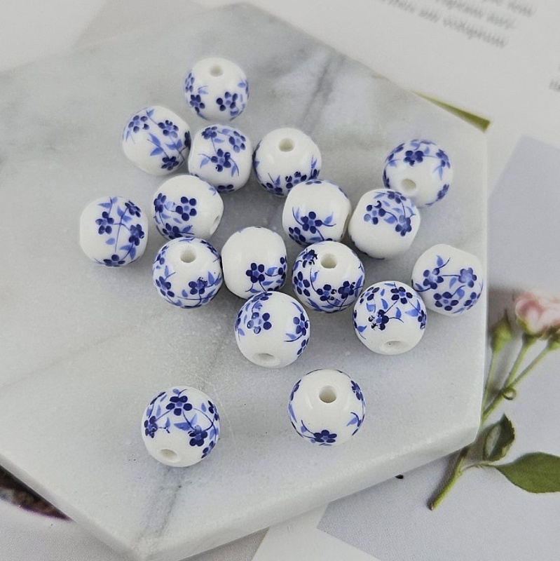 УЦЕНКА 1 шт. Бусина круглая ок. 10 мм белый с синими цветами, керамика (9197-10-УЦ) купить с доставкой по России | Интернет-магазин Viva Beads