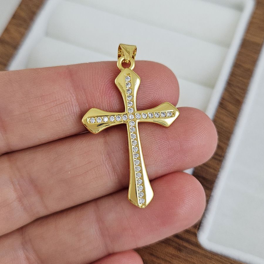 Подвеска Крест с фианитами 32.6х20.6 мм, позолота 14К (10251-З) купить с доставкой по России | Интернет-магазин Viva Beads
