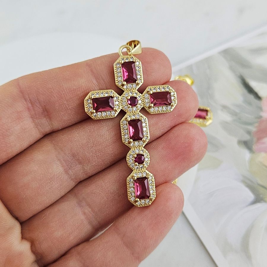 Подвеска Крест с фианитами 45.7х26.2 мм позолота 14К, ярко-розовый (9507-ЯРОЗЗ) купить с доставкой по России | Интернет-магазин Viva Beads