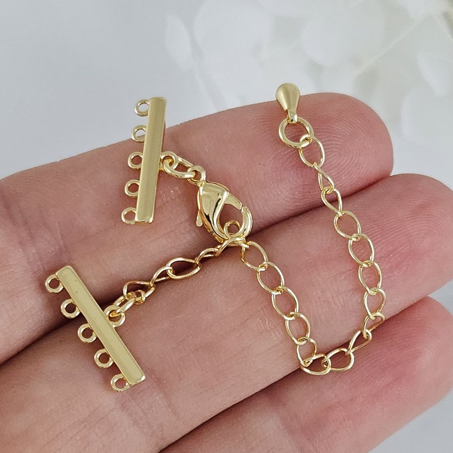 Замок лобстер 10 мм с коннекторами на 5 нитей с удлинителем позолота 14К (10218-З) замок для украшений купить с доставкой по России | Интернет-магазин Viva Beads