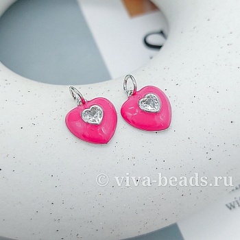 Подвеска Сердце с фианитом 12.8x11.6 мм эмаль, родиевое покр. (7327-РР) купить с доставкой по России | Интернет-магазин Viva Beads