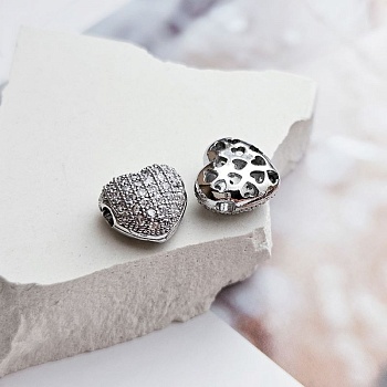 УЦЕНКА 1 шт. Бусина разделитель Сердце с фианитами 10.6х10х6.6 мм родиевое покрытие (8533-Р-УЦ) купить с доставкой по России | Интернет-магазин Viva Beads