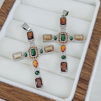 УЦЕНКА Подвеска Крест с цветными фианитами 40.8x27.4 мм, родиевое покрытие (10247-ЦВР-УЦ)