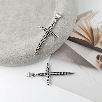 УЦЕНКА Подвеска Крест с черными фианитами 38.3x20.5 мм родиевое покрытие (8502-ЧР-УЦ)