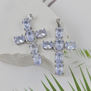 Подвеска Крест 33х22 мм с фианитами родиевое покрытие, голубой (6978-РГ)