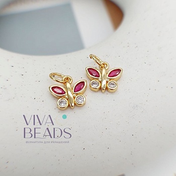 Подвеска Бабочка 9х9.7 мм с фианитами рубиновый, позолота (7513-РЗ) купить с доставкой по России | Интернет-магазин Viva Beads