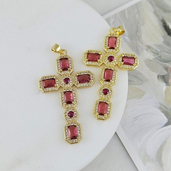 Подвеска Крест с фианитами 45.7х26.2 мм позолота 14К, ярко-розовый (9507-ЯРОЗЗ) купить с доставкой по России | Интернет-магазин Viva Beads