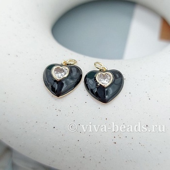 Подвеска Сердце с фианитом 12.8x11.6 мм эмаль, позолота 14к (7327-ЧЗ) купить с доставкой по России | Интернет-магазин Viva Beads