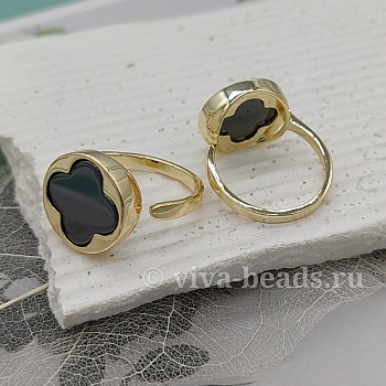 Кольцо Клевер свободный размер керамика, позолота 14к (6705-З)