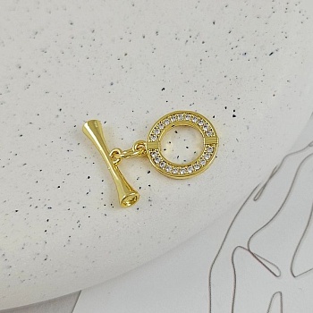 УЦЕНКА Замок тоггл круглый с фианитами, кольцо 11.7х14.2 мм позолота 14К (9485-З)