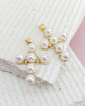 Подвеска Крест 26х18 мм жемчуг Майорка, фианиты, позолота (8197-З) купить с доставкой по России | Интернет-магазин Viva Beads