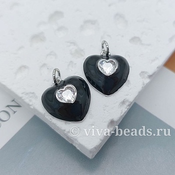 Подвеска Сердце с фианитом 12.8x11.6 мм эмаль, родиевое покр. (7327-ЧР) купить с доставкой по России | Интернет-магазин Viva Beads