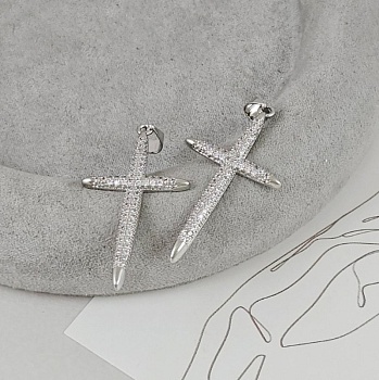 Подвеска Крест с фианитами 38.8x20x2 мм родиевое покрытие (8502-Р) купить с доставкой по России | Интернет-магазин Viva Beads