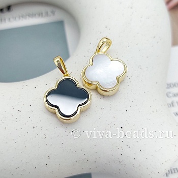 Подвеска Клевер двусторонняя с перламутром/керамикой 17.5х15.5 мм позолота (7401-З) купить с доставкой по России | Интернет-магазин Viva Beads