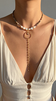 Колье-галстук из яшмы и перламутра с подвеской Месяц (НАБОР-83)