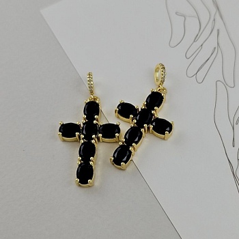 Подвеска Крест с фианитами 36x22.7 мм с бейлом, позолота 14К (9095-З)