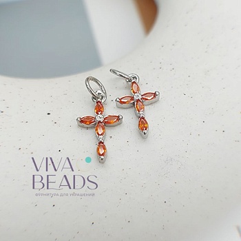 Подвеска Крест 13.5х8 мм с фианитами оранжевый, родиевое покр. (7512-ОР) купить с доставкой по России | Интернет-магазин Viva Beads