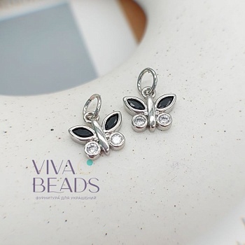Подвеска Бабочка 9х9.7 мм с фианитами черный, родиевое покр. (7513-ЧР) купить с доставкой по России | Интернет-магазин Viva Beads
