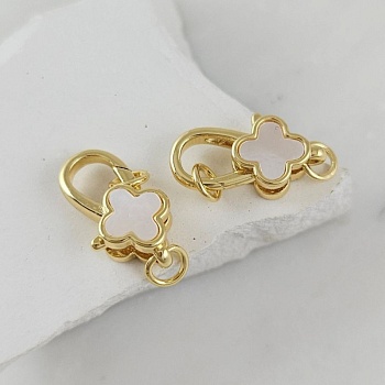 УЦЕНКА Замок карабин Клевер 18х10 мм с перламутром, позолота 14К (10110-З-УЦ)