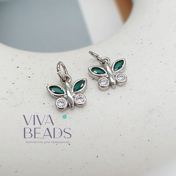 Подвеска Бабочка 9х9.7 мм с фианитами зеленый, родиевое покр. (7513-ЗР) купить с доставкой по России | Интернет-магазин Viva Beads