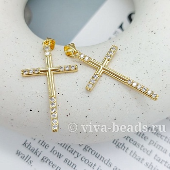 Подвеска Крест с фианитами 35x20 мм позолота (7423-З) купить с доставкой по России | Интернет-магазин Viva Beads