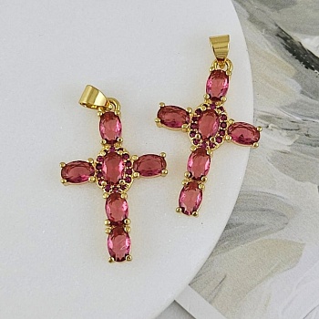 Подвеска Крест с фианитами 30x18.7 мм, позолота 18К, ярко-розовый (9298-ЯРЗ) купить с доставкой по России | Интернет-магазин Viva Beads