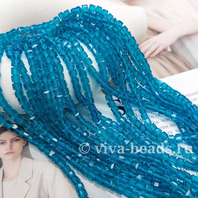 Нить 19 см Бусина граненый куб ок. 4 мм циан стекло (7339-Ц) купить в Воронеже  | Заказать в интернет-магазине Viva Beads
